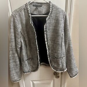 White House Black Market Black & White Houndstooth Fringe Collarless Jacket